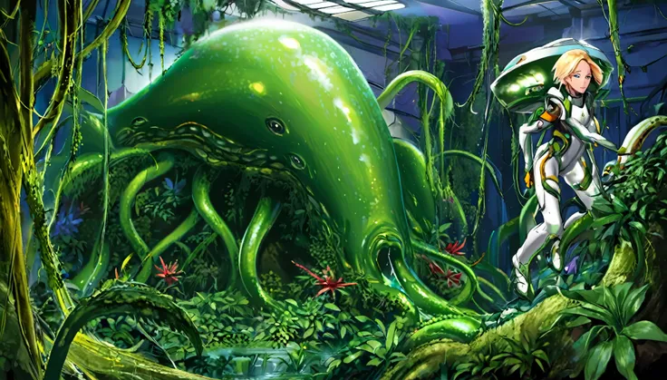 (Show Cate from head to toe)(Cate Blanchett (age 25), dressed appropriate to the scene) is in the Deep Space Exploration Force, having landed her explorer shuttle on a jungle world and set off on foot. She has become ensnared in the eldritch tentacle vines...