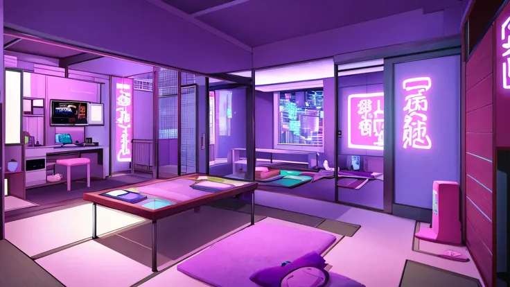 cute purple cyberpunk japanese bedroom with plushies