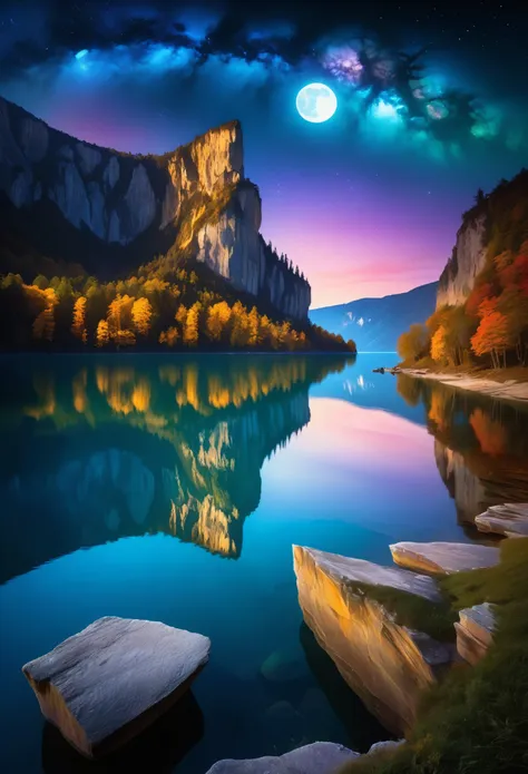 a fantastical dreamlike landscape, a majestic cliff suspended over a serene lake, surreal and vibrant colors illuminating its re...