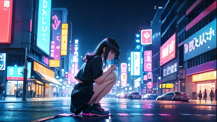 Neon city at night、A woman crouching alone、mini skirt