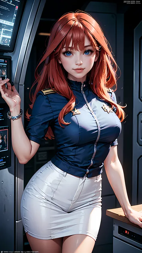 beautiful red hair woman is shown to have a sexy figure, she is wearing classic trek blue uniform, jewelry, she has blue eyes, s...