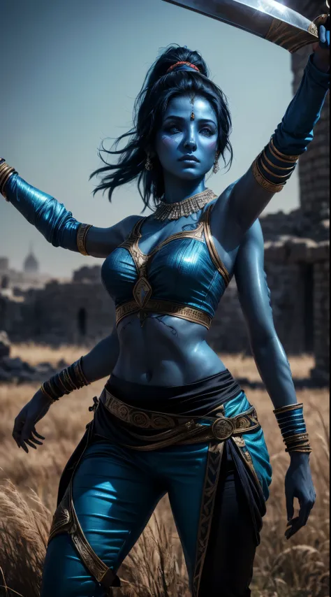 arab woman, (((blue skin))), (((four arms))), (((black hair))), indian woman, arabian, ((rogue battle clothes)), pants, ponytail...