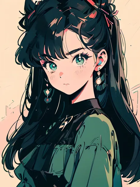 ((best quality)), ((masterpiece)), (detailed), perfect face, young girl, black hair, bangs, green eyes, black dress, romantic, s...