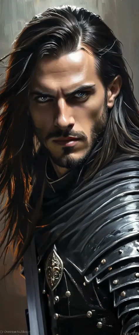 Soldado bonito forte++ romano negro com espada preta e escudo, retratos, oil painting, detalhes finos, atmosfera misteriosa, sharp focus, Alto contraste, dramatic lighting, Imagem em preto e branco, discreet lighting, vivid eyes, Long flowing hair, siniste...