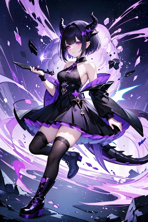 a dragon girl from the universe with short starry black hair with purple and black horns and a black tail with black clothes and...