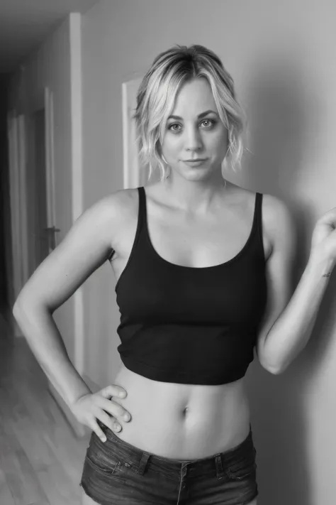 Kaley Cuoco,beauty, beautiful girl, black and white photography, hard contrast, hard shadows, smirk, beautiful makeup, shorts, tank top, apartment, arm raised, floor