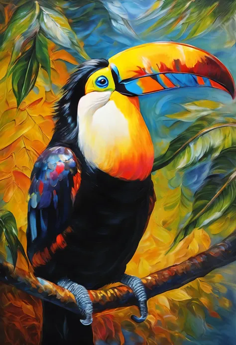 oil painting, toucan, fica graciosamente em um galho, The strong morning light diffuses through the mist,Suba lentamente, Highlight your complex feathers with dramatic side lighting, estilo leonardo da vinci, renoir, van gogh, chirico, michelangelo, chiri...