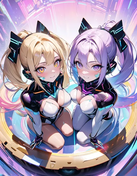 selfie, best quality, super fine, 16k, incredibly absurdres, extremely detailed, delicate and dynamic, (two cool and beautiful pretty cyber women:1.7), (cute cyber woman with purple eyes and braided low twin tails with gradient from white to purple at the ...