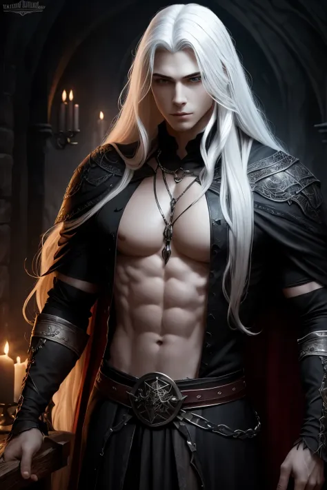 Dark fantasy, Medieval, Gothic, Vampire, Young guy, with long white hair, strong build, open chest, hd