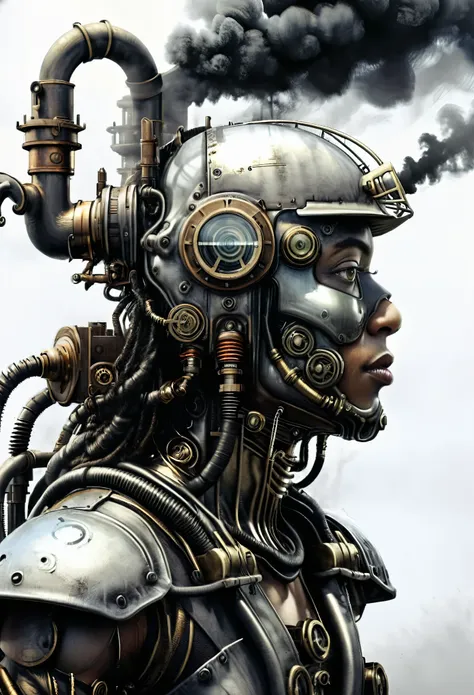 ohwx, a steam punk cyborg, side view, white background, unreal engine, inspired by hr giger, half body portrait, highly detailed...