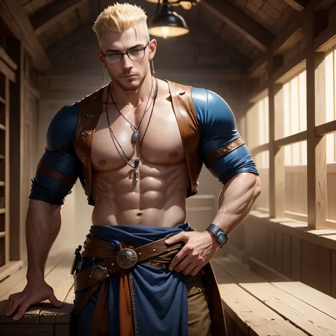 8k, masterpiece, best quality, realistic, higly detailed, cowboy shot, 1boy, solo, Tetta Kisaki, man, average height, blue eyes, blonde hair, sports glasses, earring on left ear, crew cut and shaved hair art on the right side of head, clothed, medieval, mo...