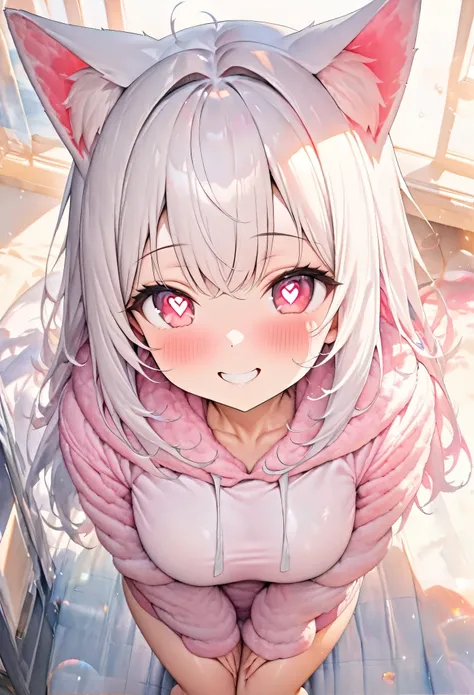 ((((masterpiece, highest quality, Very detailed, very_expensive_solve, big_file size, Full Color)))), One Girl, ((smile)), , Long white hair, Pink Eyes, Wearing a fluffy white hoodie, Heart-shaped pupils, (((From above))), (((Look at this))), Lens flare, B...