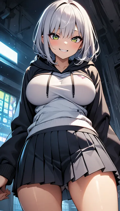 One Girl, alone, Big eyes, Wicked Smile,hoodie, Pleated skirt, ＪＫ,Attractive breasts、Waistline