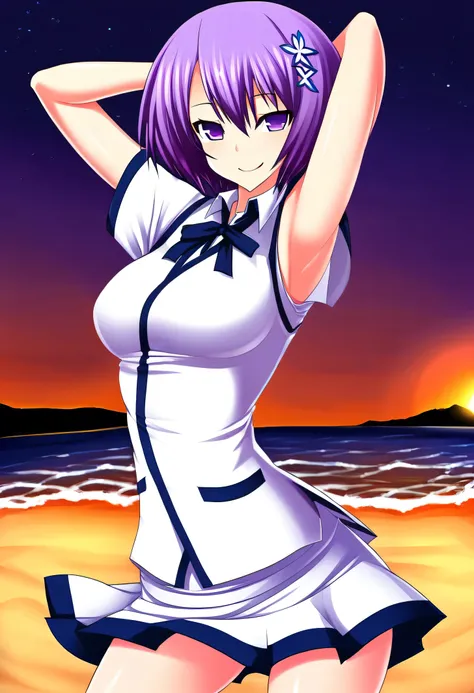 Shiina Miyako, purple hair, short hair, purple eyes, hair ornament, , short sleeves, white sweater vest, white shirt, white skirt, neck ribbon, black ribbon, high quality, solo, night sky, beach, arms behind head, contrapposto, closed mouth, spread armpits...