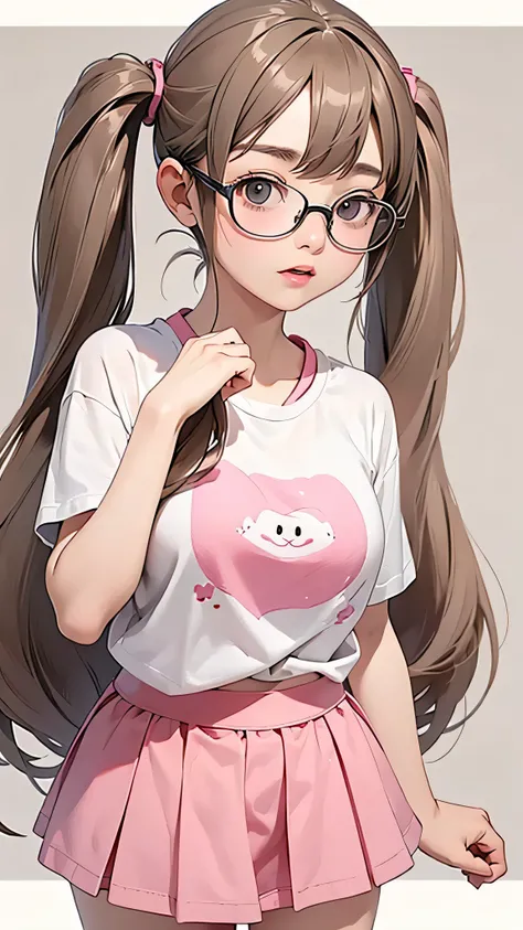 highest quality、Realistic、female、Japanese、zoom、cute、Gray Eyes、Chestnut Hair、Twin tails、Glasses、Large pink T-shirt、mini skirt、