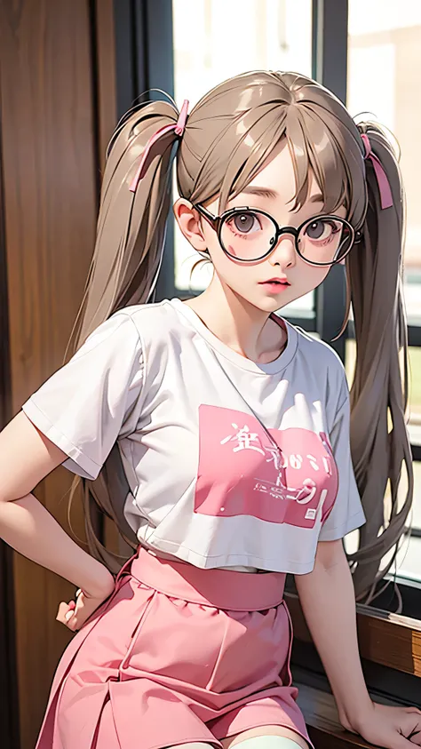 highest quality、Realistic、female、Japanese、zoom、cute、Gray Eyes、Chestnut Hair、Twin tails、Glasses、Large pink T-shirt、mini skirt、