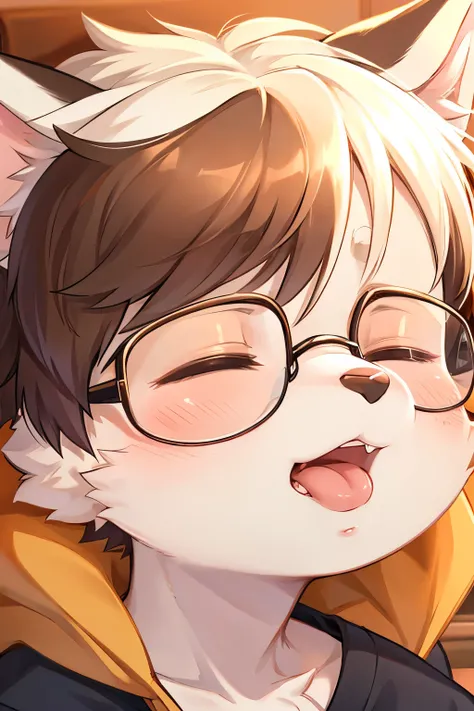 cute furry boy, toddler boy, glasses, close up face, closed eyes, kiss mouth