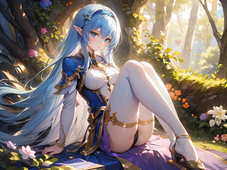 ((blue hair)), long hair, very long hair, jewelry, purple hairband, long pointy ears, anime, ((masterpiece)), (textured skin), (super detail), award winning, (best quality), elf, fantasy novel, in forest, Sunbeams filtering through the trees, (orange dress...