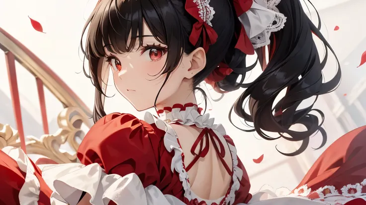 A beautiful woman wearing a red and white sweet lolita dress with lots of frills and lace　Black hair ponytail with hair ornament　Upper Body