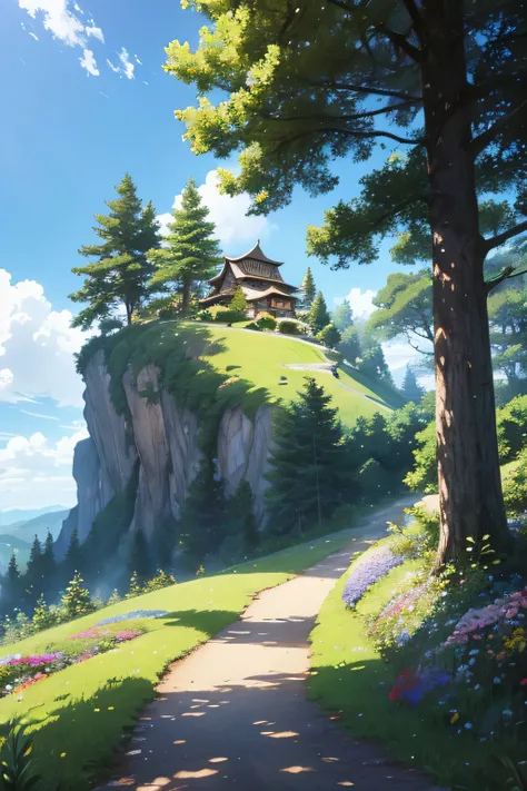 In the anime style, realistic, highly detailed, colourful image of a tree on top of a hill. There is a path towards the hill. There are flowers along the way