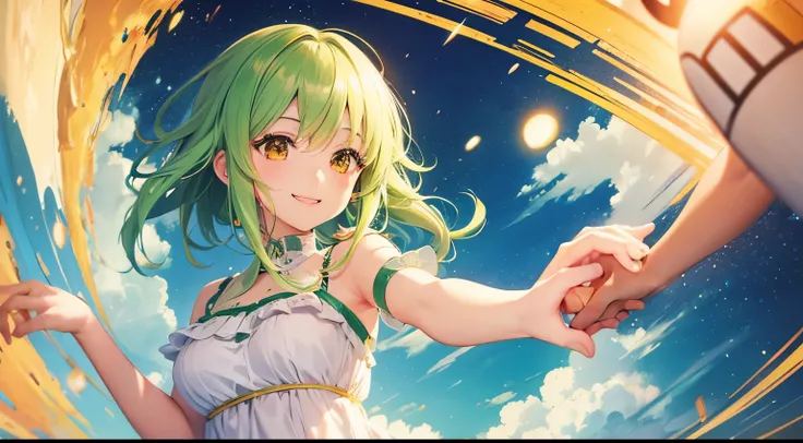 GUMI、１people、Reaching out to hold hands、smile、Anime Style、masterpiece, highest quality, Super detailed, Beautiful illustrations