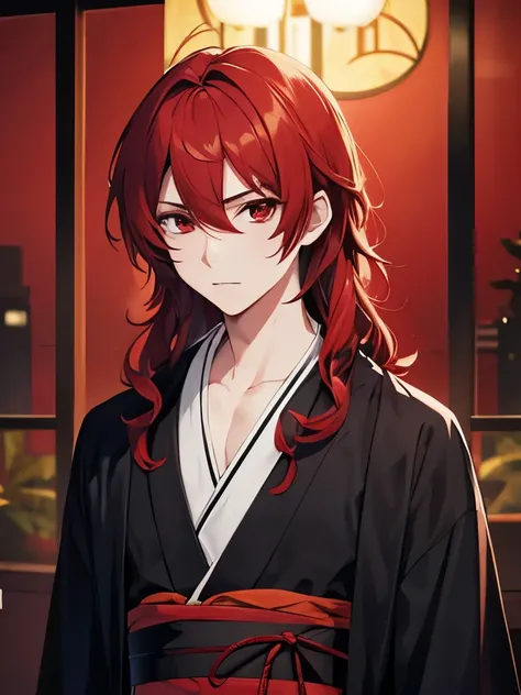 1boy,cool style,Standing, looking away,handsome,Curly hair, red hair, red eyes, shoulder length hair, vampire, handsome, Black kimono, night, standing,close up photo