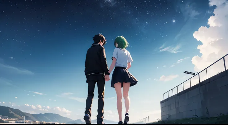 15 years old、Male and female couple、GUMI and a boy、Back view、Holding hands、GUMI、Skirt 10cm above the knee、The man is wearing black plain clothes、The color of the shoes is black、whole body、Detailed facial expressions、Anime Style、comics， Bright starry sky. R...