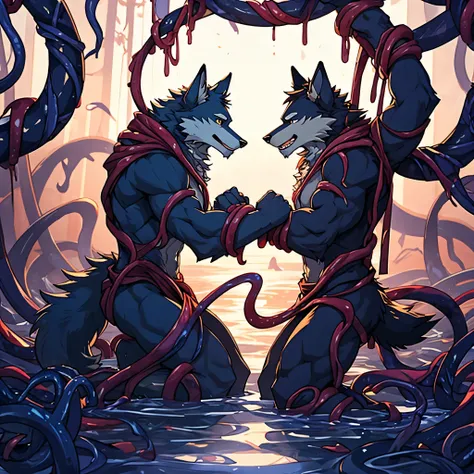 two wolves caught in tentacles and fucked in limbo, tentacles by the hands hanging hands clasped tentacles