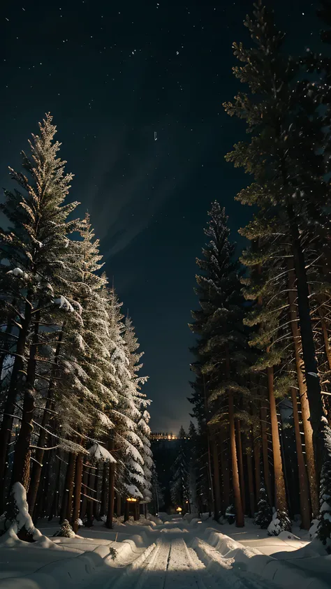 A silent winter night in a countryside where lots of pine trees can be seen, while snow are falling on the ground.