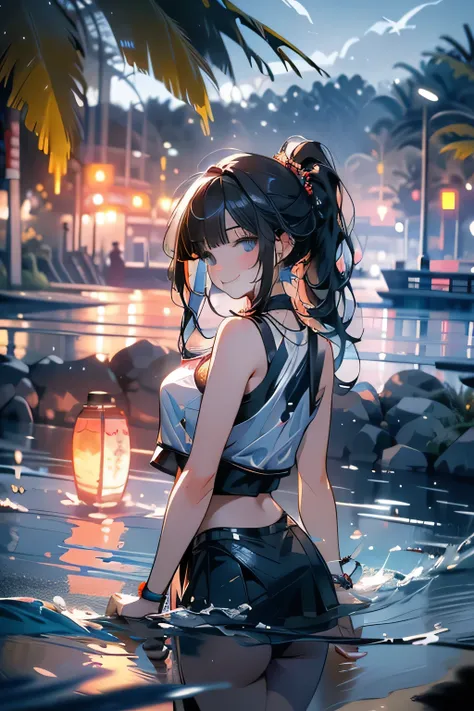 Looking back,(high angle,cleavage),((masterpiece, highest resolution,best quality)),  (beautiful illustration), ((semi long beautiful black hair,blunt bangs,pony tail,beautiful eyes)),(solo),(elegant swimsuit, Japanese high ,sailor,mini skirt),(looking at ...