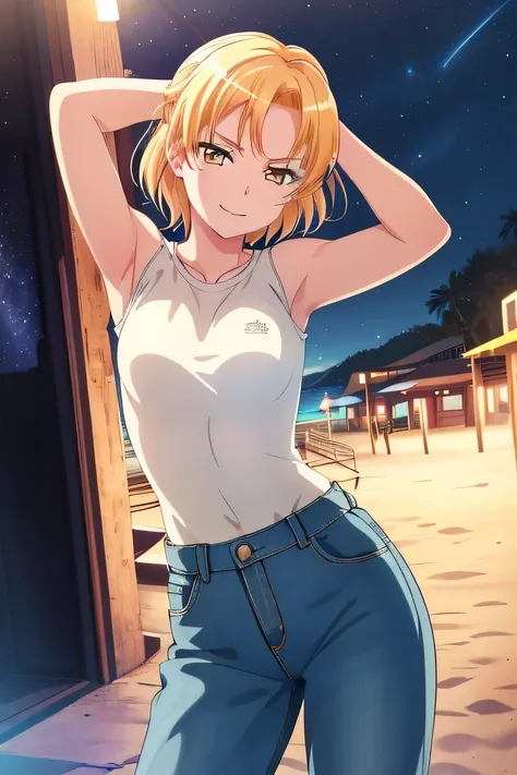 MASKING, 1girl, solo, short hair, blonde hair, shirt, smile, yellow eyes, white shirt, blue jeans, solo, night sky, beach, arms behind head, contrapposto, closed mouth, spread armpits, (cowboy shot:1.5), looking at viewer,  best quality,