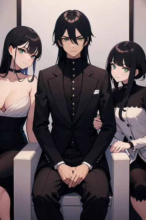 an anime man with black hair and green eyes wearing a black suit with a smug expression sitting on a throne and having two beautiful girls beside him serving him