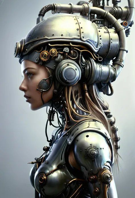 ohwx woman, a steam punk cyborg, side view, white background, unreal engine, inspired by HR Giger, half body portrait, highly detailed, photo realistic, cinematic, movie still, captured in the style of Sony Alpha A7 III camera