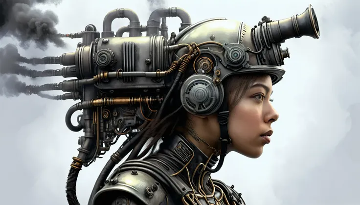 ohwx woman, a steam punk cyborg, side view, white background, unreal engine, inspired by hr giger, half body portrait, highly de...