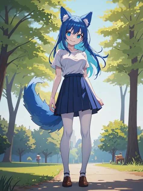 (Masterpiece) (High Detail) (High Res) A short slim humanoid girl with pale human skin and blue eyes and long blue hair and blue dog ears and a fluffy blue dog tail and medium breasts. She is stood outside in the park and is smiling shyly. She is wearing a...