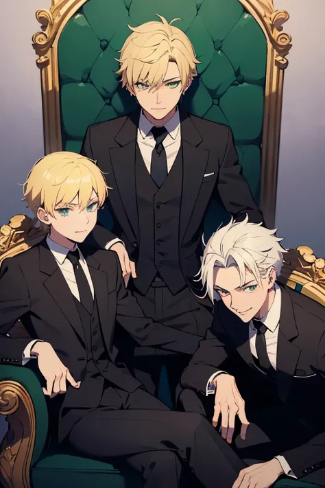 an anime man with short black hair and green eyes wearing a black suit with a smug expression sitting on a throne and having two other men beside him serving him, the other guys are blonde and they look happy and they are wearing suits, two men around a gu...