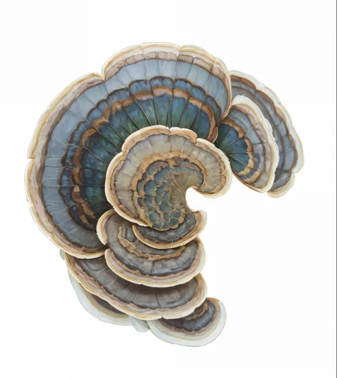 Precise  illustration (best quality), (detailed)  (masterpiece),  illustrations of Turkey tail fungi, on an empty background. Flat 2D illustration, vibrant rich colors, botanical illustration