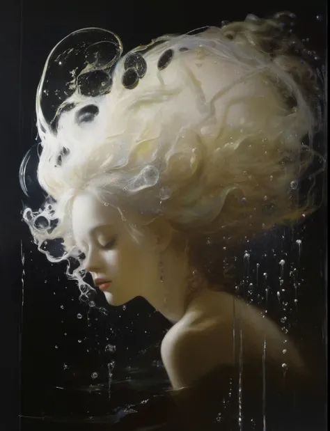 James Gurney, Surrealist art , dream-like, Mysterious, Provocative, symbolic, Complex, detailed,, (Gothic but very beautiful:1.4), (masterpiece, highest quality:1.4) , Nicola Samori Style, siren 、Water bubbles、Wavy hair