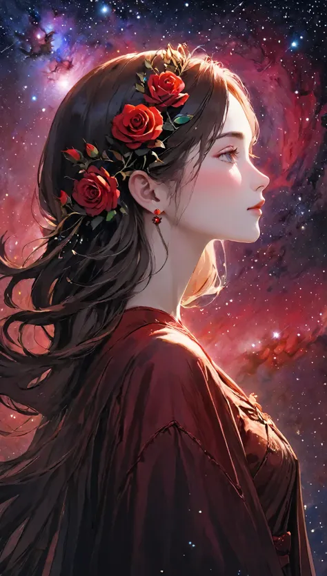 RAW Photos、Realistic、Upper body angle、Beautiful woman portrait、１４talent、 profile , Look ahead,prayer、Join hands、 She has a red rose in her hair around her ear, background cosmos,Red Galaxy、 Close-up, 超Realistic. Masterpiece of Art.