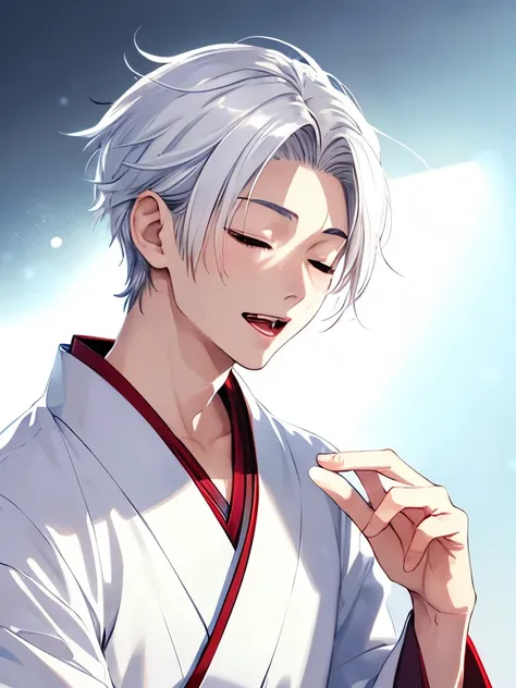 1boy,Standing,cool style,side parted hair,18 years old, at night,Tongue out,,wearing white kimono,guy, at night,close up photo,handsome,side parted hair,short hair, straight hair, white hair, vampire,closed eyes, ultra detailed, ultra HD