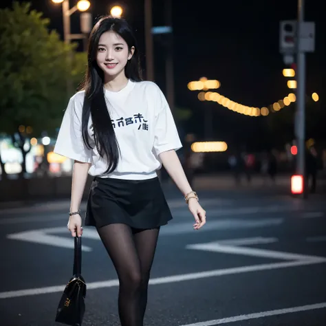 An Asian woman wearing a white shirt with kanji writing on the shirt, wearing a black skirt, perfect face, perfect lips, perfect eyes, long straight black hair, black tights, womens shoes, smiling, black eyes, bracelet in her hands, perfect facial expressi...