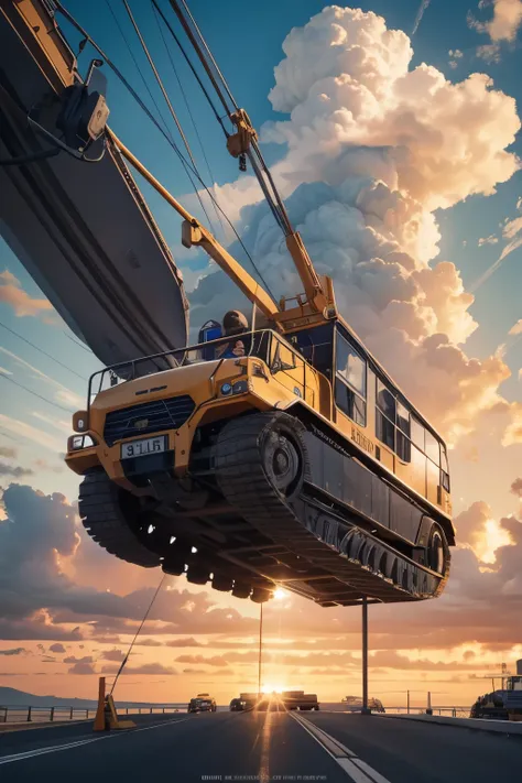 Obra de arte, maximum quality, altamente detalhado, papel de parede da unidade 8k, (riding on a crane truck), firmament, 1 pessoa, heavy machinery, cabelo gradiente, cabelo entre os olhos, ahoge, idade: 16, looking back, cara bonita, neeso branco,