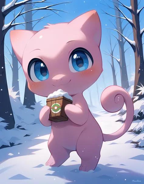 score_9, score_8_up, score_7_up, mew pokemon, cute, smile, forest,, best quality, hi res, masterpiece, absurd res, highly detailed, impasto, digital media (artwork), (simple background), winter, snow, forest BREAK, solo, chibi, nude, full body, blue eyes, ...