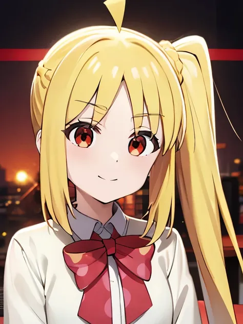 blonde_hair, long_hair, bangs, side_ponytail, look at viewer, ahoge, red_eyes, bow, red_bow, smile