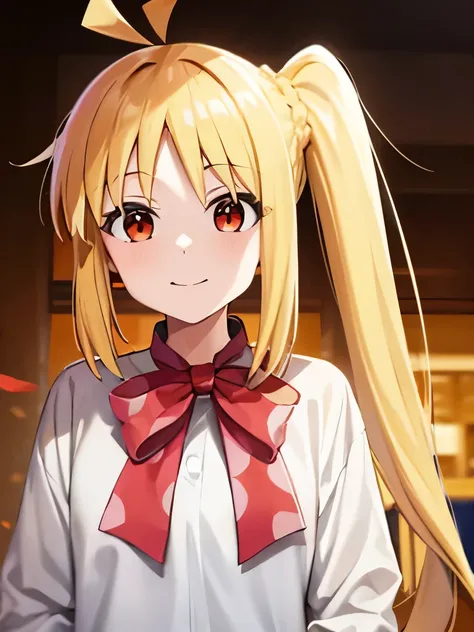 blonde_hair, long_hair, bangs, side_ponytail, look at viewer, ahoge, red_eyes, bow, red_bow, smile mouth, face of happiness