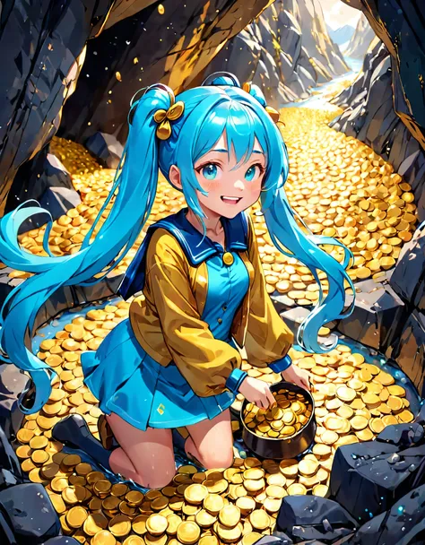 Gold Mine　Gold digging girl　Mountain of gold coins　Light blue long hair　Twin tails Bright smile　Searching for gold　Gold coin splash art