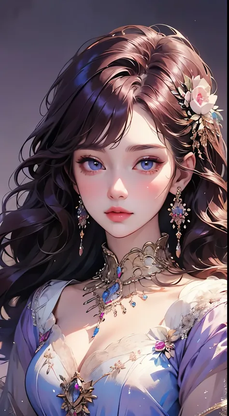 beautiful elegant woman, photorealistic, 8k, hyperdetailed, masterpiece, fantasy art, dreamlike background, 1 adult female, clean detailed face, beautiful warm brown eyes, shiny purple hair, lovely light blue dress with intricate embroidery, luxurious jewe...