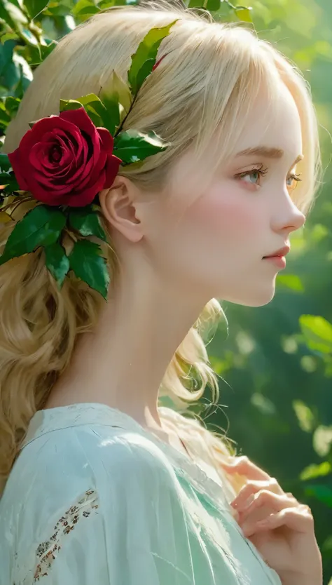 RAW Photos、Realistic、Upper body angle、Beautiful woman portrait、14talent、 profile , Thinking Ahead,prayer、Holding hands、 She has a red rose in her hair around her ear、背景はholly、holly、Blurred background、close, 超Realistic. a masterpiece of art.