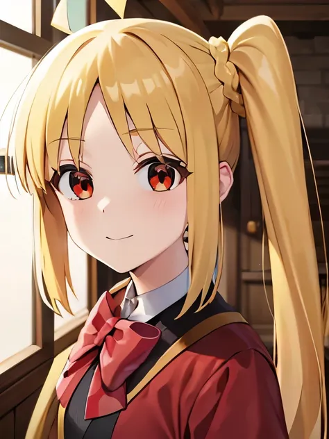 blonde_hair, long_hair, bangs, side_ponytail, look at viewer, ahoge, red_eyes, bow, red_bow, smile mouth, face of happiness