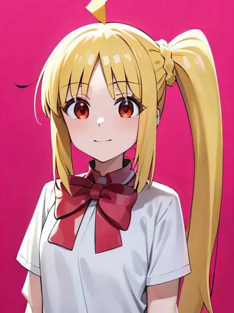 blonde_hair, long_hair, bangs, side_ponytail, look at viewer, ahoge, red_eyes, bow, red_bow, smile mouth, face of happiness 